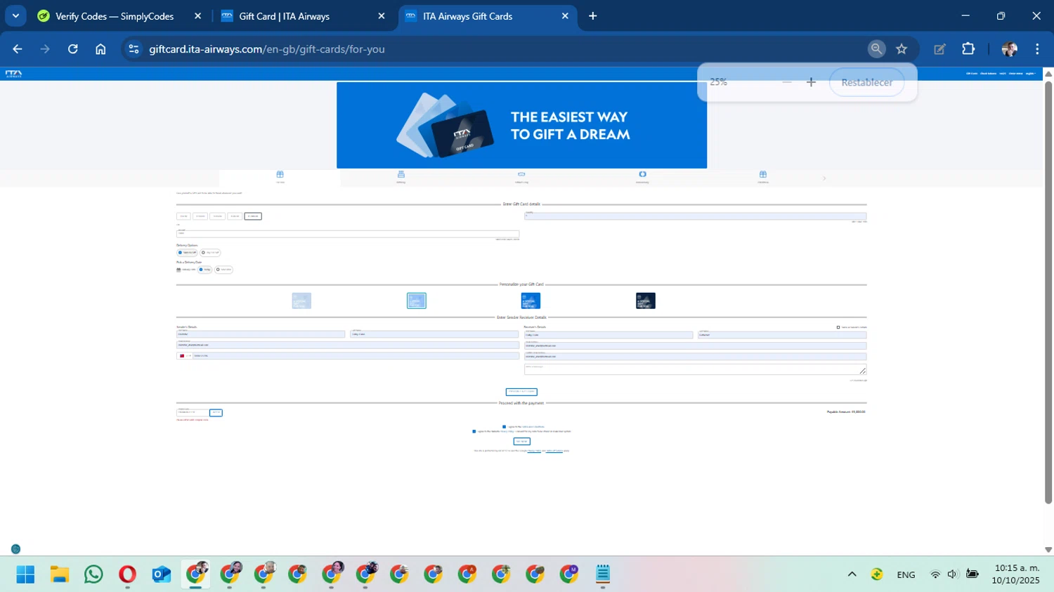ITA Airways US promo code screenshot showing code PROMOGIFT10 applied at ITA Airways US checkout page. Uploaded by SimplyCodes community member DavidMGF on Oct 10, 2025