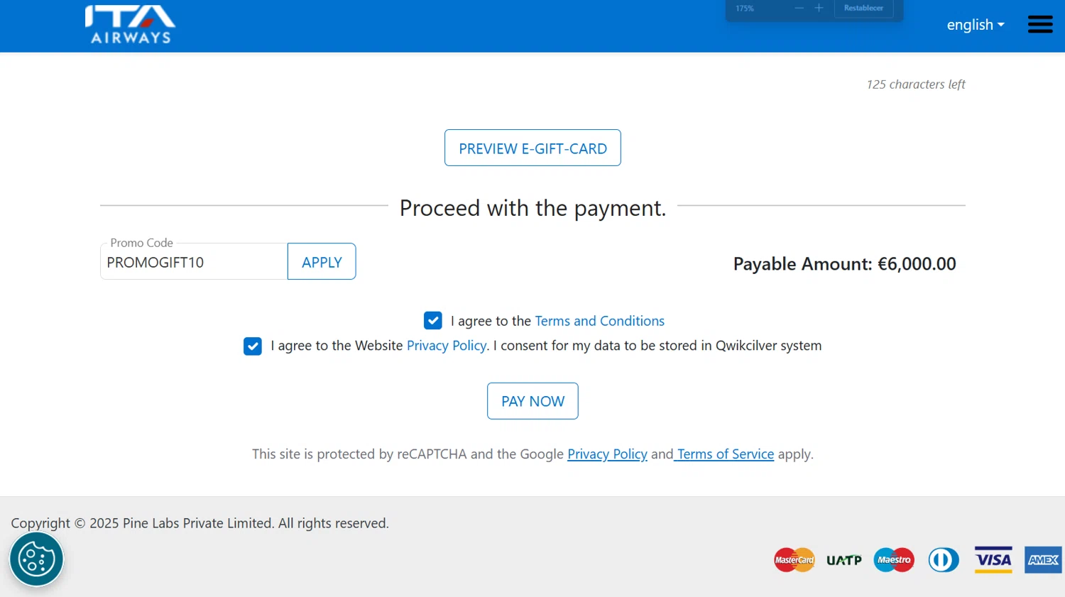 ITA Airways US promo code screenshot showing code PROMOGIFT10 applied at ITA Airways US checkout page. Uploaded by SimplyCodes community member MrsPopo on Oct 10, 2025