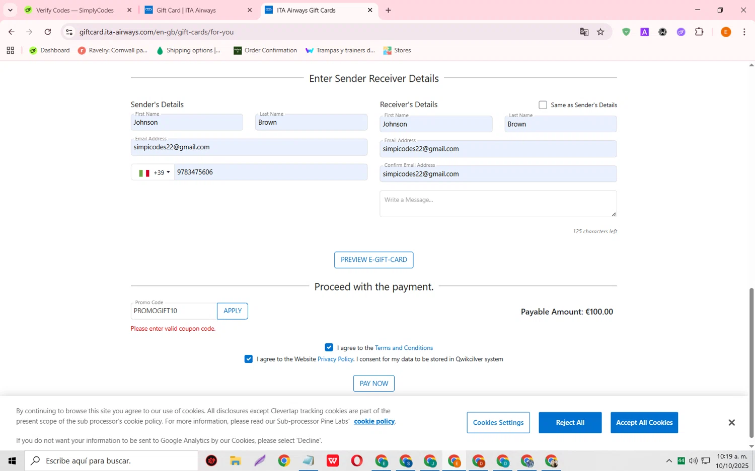 ITA Airways US promo code screenshot showing code PROMOGIFT10 applied at ITA Airways US checkout page. Uploaded by SimplyCodes community member RewardFalcon3197 on Oct 10, 2025