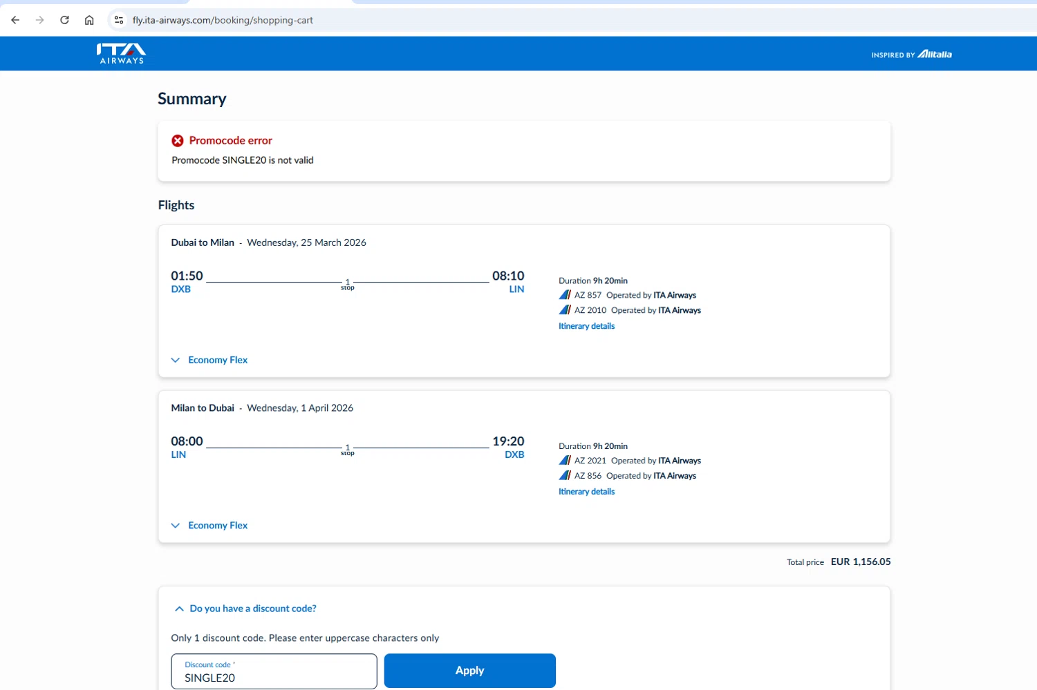 ITA Airways US promo code screenshot showing code SINGLE20 applied at ITA Airways US checkout page. Uploaded by SimplyCodes community member AlexSierra on Nov 25, 2025