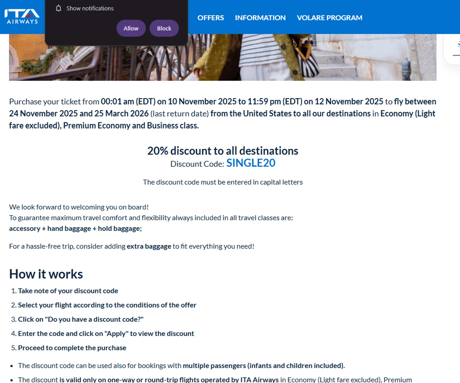 ITA Airways US checkout page showing ITA Airways US promo code box | Screenshot taken by SimplyCodes community member on Nov 10, 2025