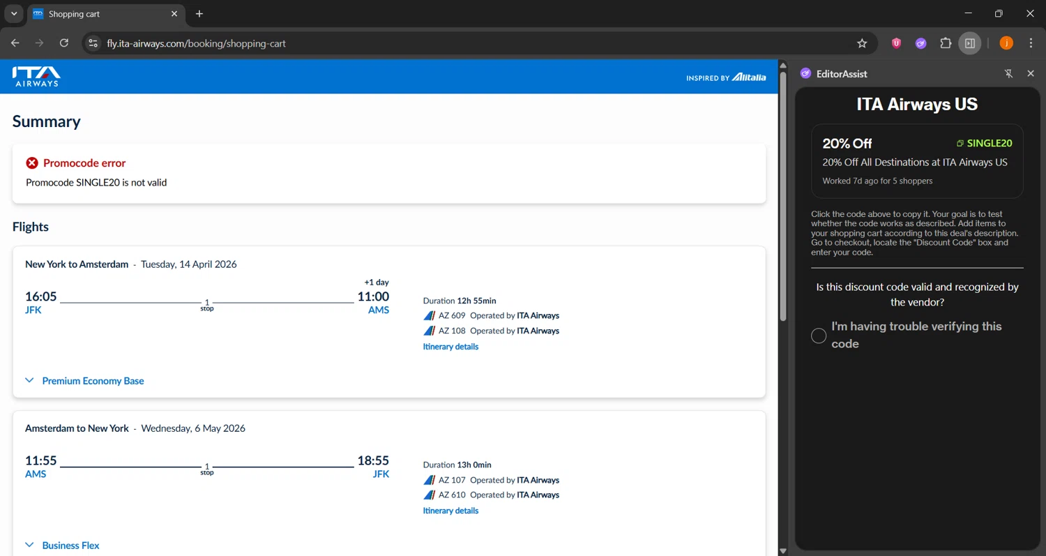 ITA Airways US promo code screenshot showing code SINGLE20 applied at ITA Airways US checkout page. Uploaded by SimplyCodes community member Lamine_Yamal on Nov 26, 2025