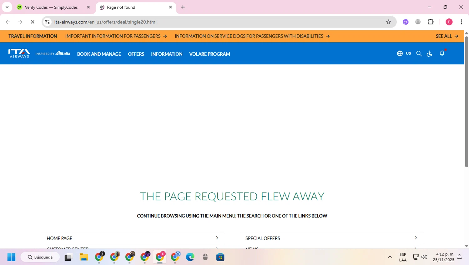 ITA Airways US promo code screenshot showing code SINGLE20 applied at ITA Airways US checkout page. Uploaded by SimplyCodes community member VoucherExpert2930 on Nov 25, 2025