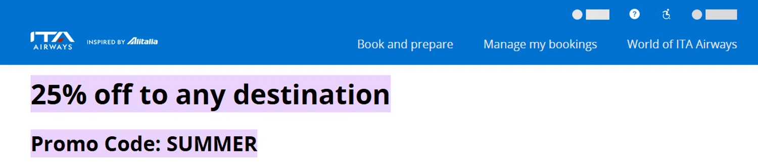 ITA Airways US promo code screenshot showing code SUMMER applied at ITA Airways US checkout page. Uploaded by SimplyCodes community member PaulSkenes on Jun 8, 2026