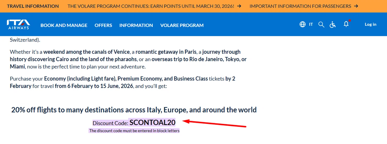 ITA Airways US promo code screenshot showing code SCONTOAL20 applied at ITA Airways US checkout page. Uploaded by SimplyCodes community member SilverMakeup on Feb 6, 2026