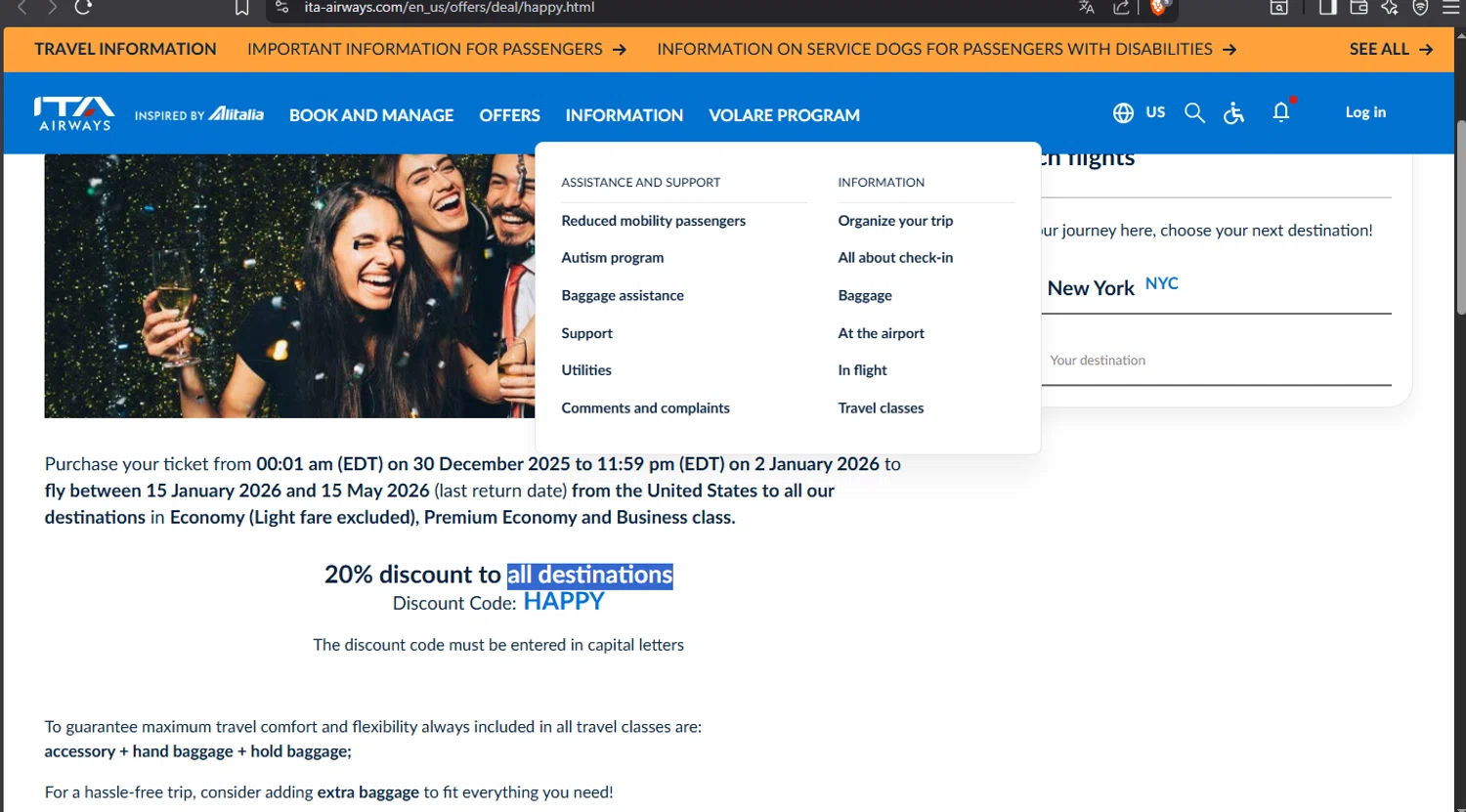 ITA Airways US promo code screenshot showing code HAPPY applied at ITA Airways US checkout page. Uploaded by SimplyCodes community member crischidy25 on Dec 30, 2025
