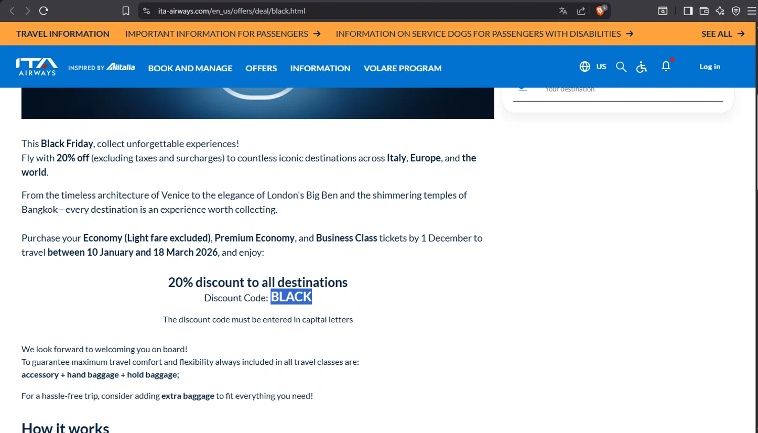 ITA Airways US promo code screenshot showing code BLACK applied at ITA Airways US checkout page. Uploaded by SimplyCodes community member crischidy25 on Nov 28, 2025