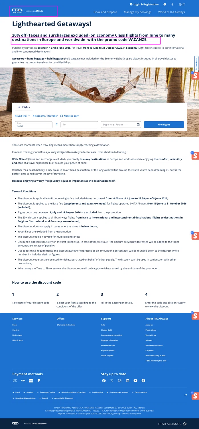 ITA Airways US promo code screenshot showing code VACANZE applied at ITA Airways US checkout page. Uploaded by SimplyCodes community member mrdarcy on Jun 8, 2026