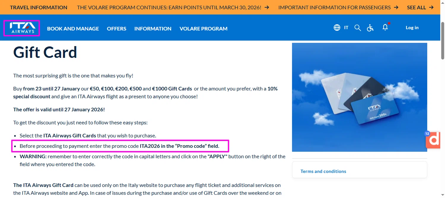 ITA Airways US promo code screenshot showing code ITA2026 applied at ITA Airways US checkout page. Uploaded by SimplyCodes community member mrdarcy on Jan 23, 2026