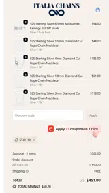 Italia Chains coupon verification screenshot