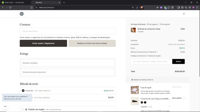 Italic checkout page showing Italic promo code box | Screenshot taken by SimplyCodes community member on Aug 26, 2025
