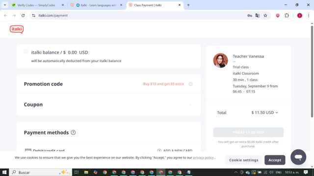 italki checkout page showing italki promo code box | Screenshot taken by SimplyCodes community member on Sep 2, 2025
