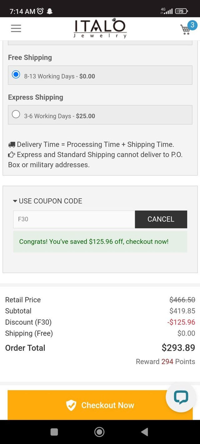 Italo Jewelry checkout page showing Italo Jewelry coupon code box | Screenshot taken by SimplyCodes community member on Sep 1, 2025