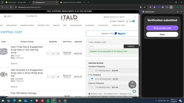 Italo Jewelry checkout page showing Italo Jewelry coupon code box | Screenshot taken by SimplyCodes community member on Aug 24, 2025