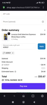 ADBQY coupon verification screenshot