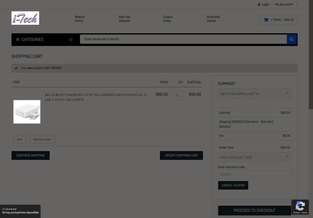 I-Tech checkout page showing I-Tech coupon code box | Screenshot taken by SimplyCodes community member on Feb 9, 2023