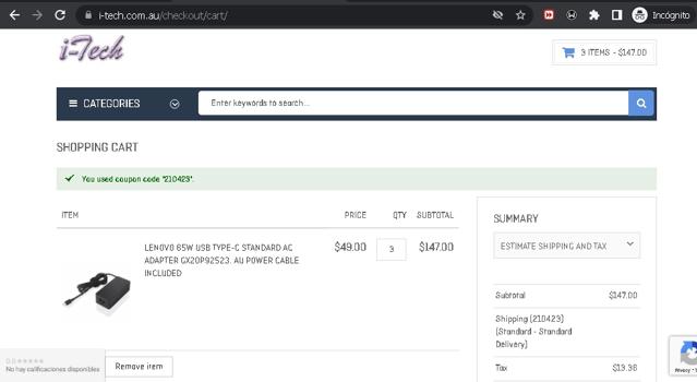 I-Tech checkout page showing I-Tech coupon code box | Screenshot taken by SimplyCodes community member on Apr 21, 2023