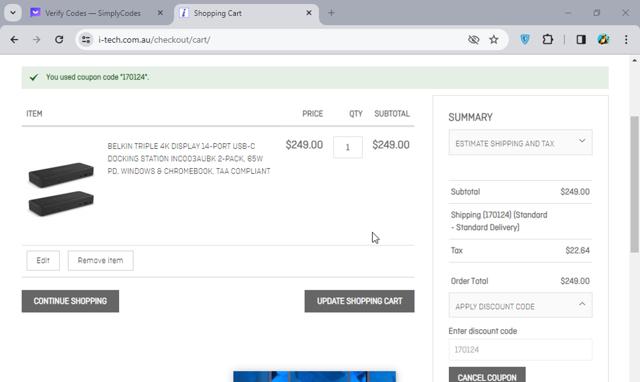 I-Tech checkout page showing I-Tech coupon code box | Screenshot taken by SimplyCodes community member on Jan 17, 2024
