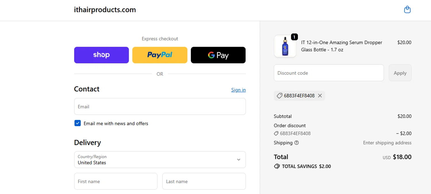 It Hair Products promo code screenshot showing code 6b83f4ef8408 applied at It Hair Products checkout page. Uploaded by SimplyCodes community member 415464564565 on Jun 13, 2026