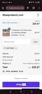 Whitsims coupon verification screenshot