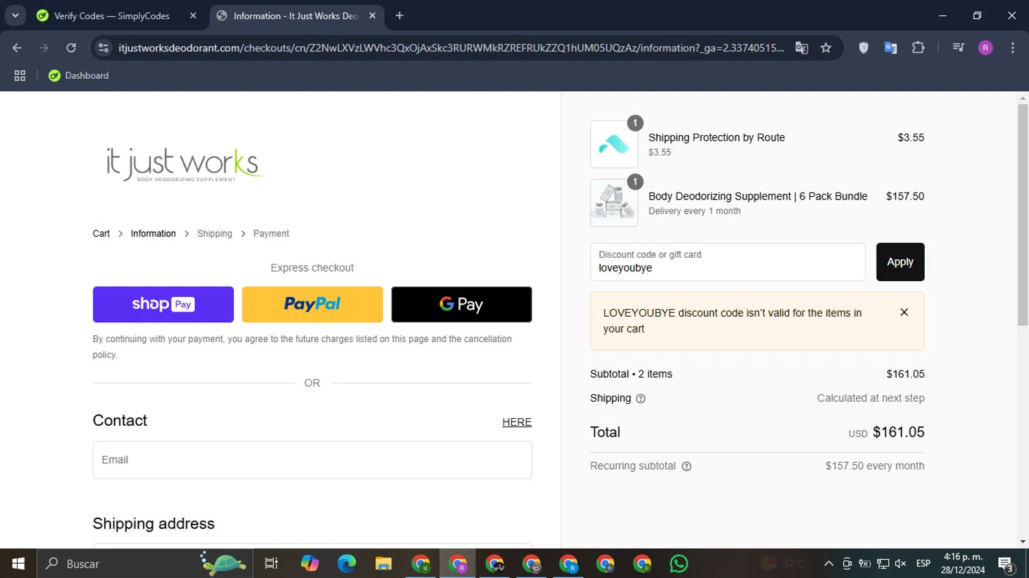 It Just Works Deodorant discount code screenshot showing code loveyoubye applied at It Just Works Deodorant checkout page. Uploaded by SimplyCodes community member Datacodes on Dec 28, 2024