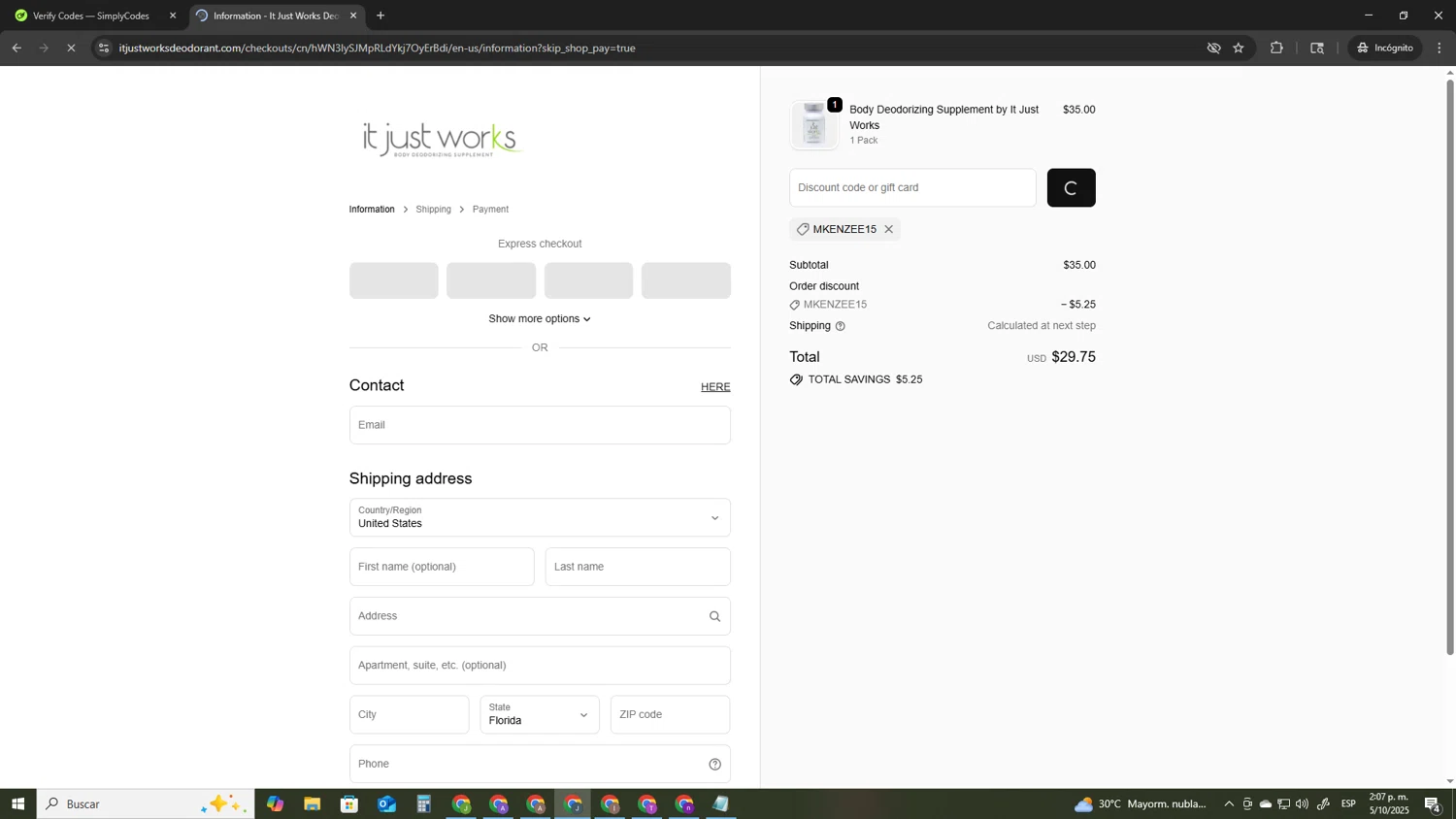 It Just Works Deodorant discount code screenshot showing code MKENZEE15 applied at It Just Works Deodorant checkout page. Uploaded by SimplyCodes community member AVATIGRITO on Oct 5, 2025