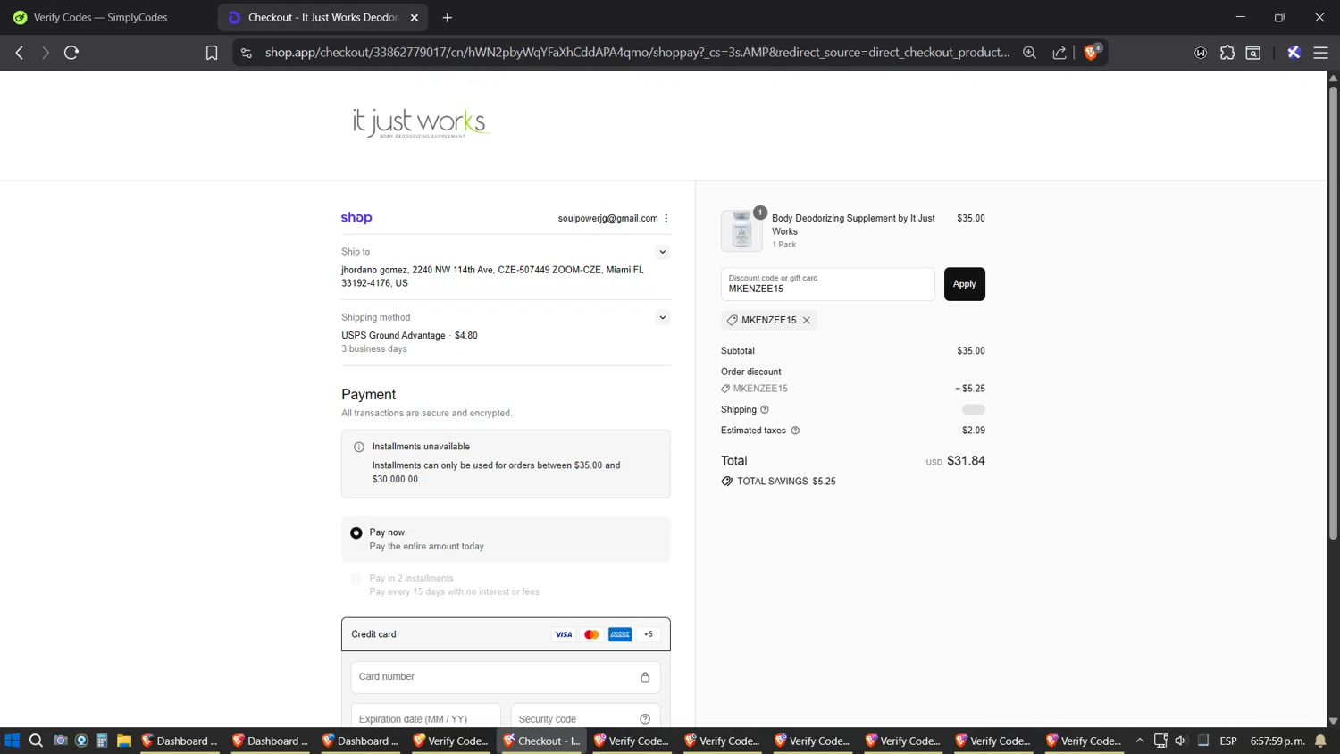 It Just Works Deodorant discount code screenshot showing code MKENZEE15 applied at It Just Works Deodorant checkout page. Uploaded by SimplyCodes community member SoulPower on Sep 10, 2025