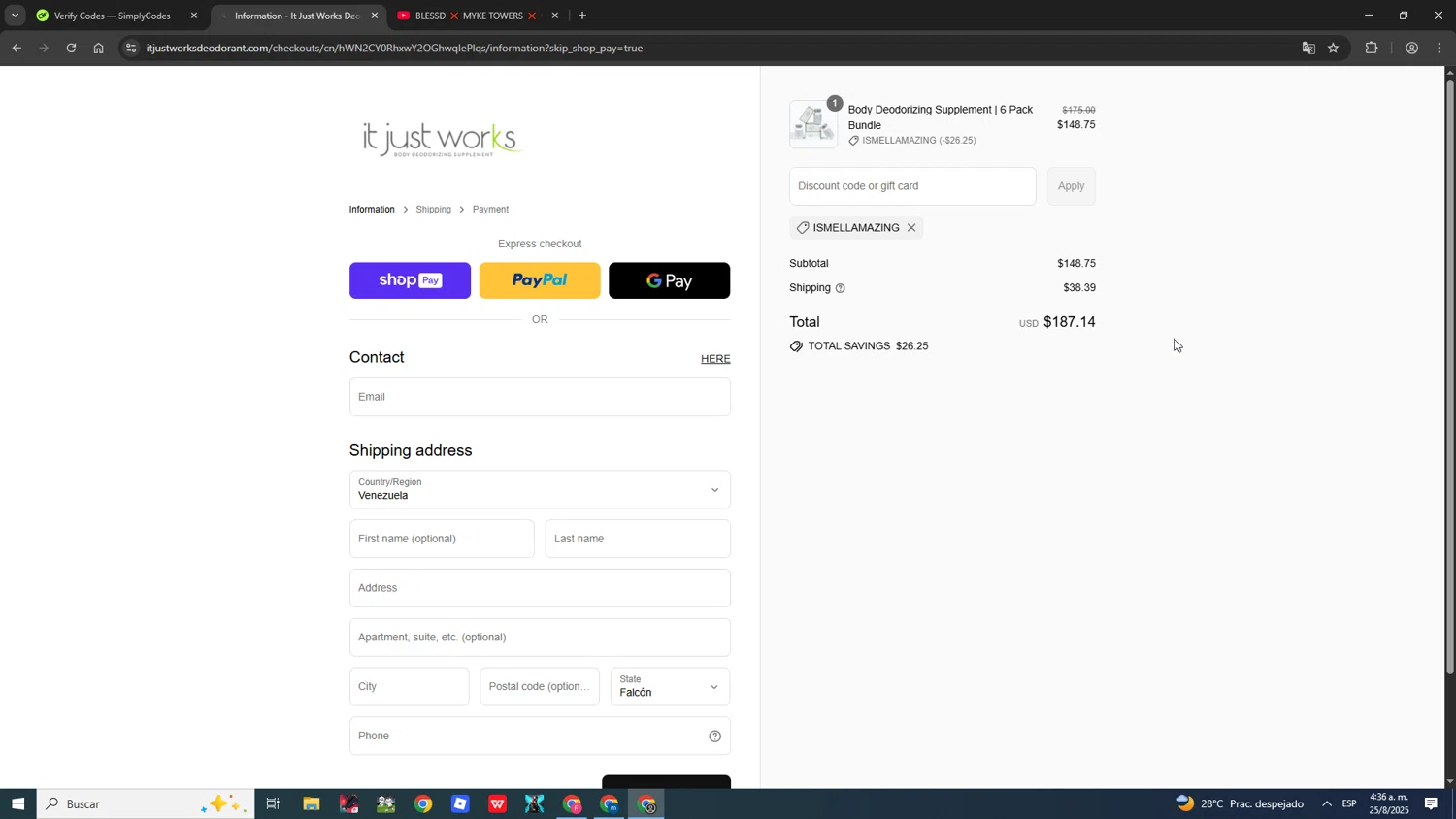 It Just Works Deodorant discount code screenshot showing code Ismellamazing applied at It Just Works Deodorant checkout page. Uploaded by SimplyCodes community member ScanShopper554 on Aug 25, 2025