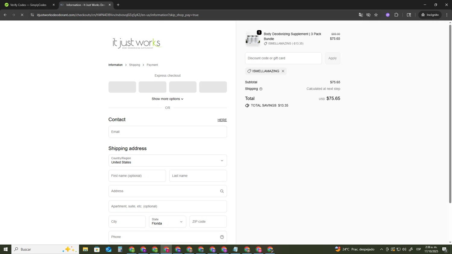 It Just Works Deodorant discount code screenshot showing code Ismellamazing applied at It Just Works Deodorant checkout page. Uploaded by SimplyCodes community member TOROREX250 on Oct 17, 2025