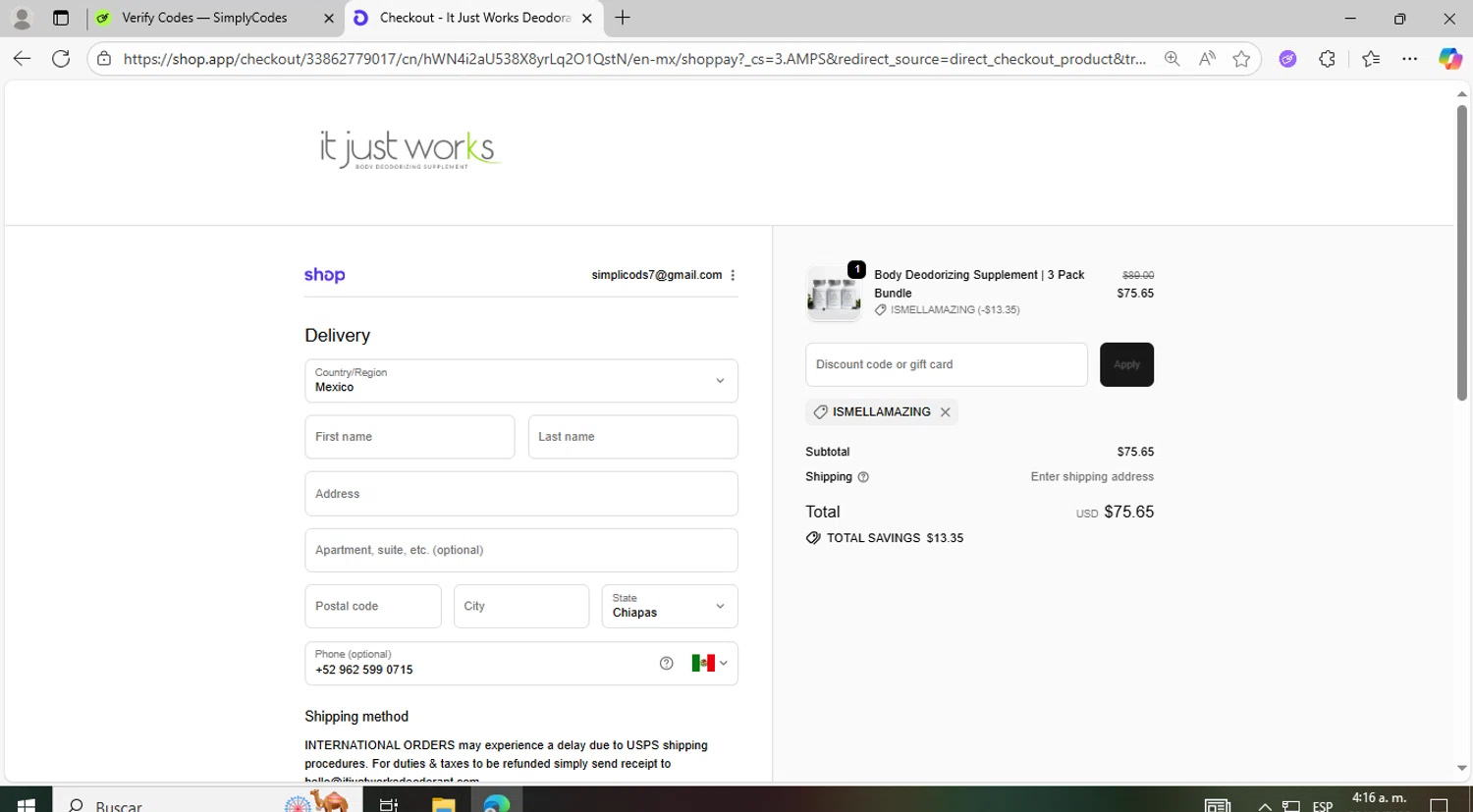 It Just Works Deodorant discount code screenshot showing code Ismellamazing applied at It Just Works Deodorant checkout page. Uploaded by SimplyCodes community member fhddfhfdhwert on Oct 30, 2025