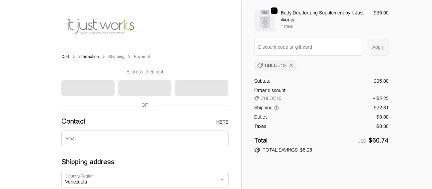It Just Works Deodorant discount code screenshot showing code CHLOE15 applied at It Just Works Deodorant checkout page. Uploaded by SimplyCodes community member BLUEBLASTOISE on Dec 14, 2025