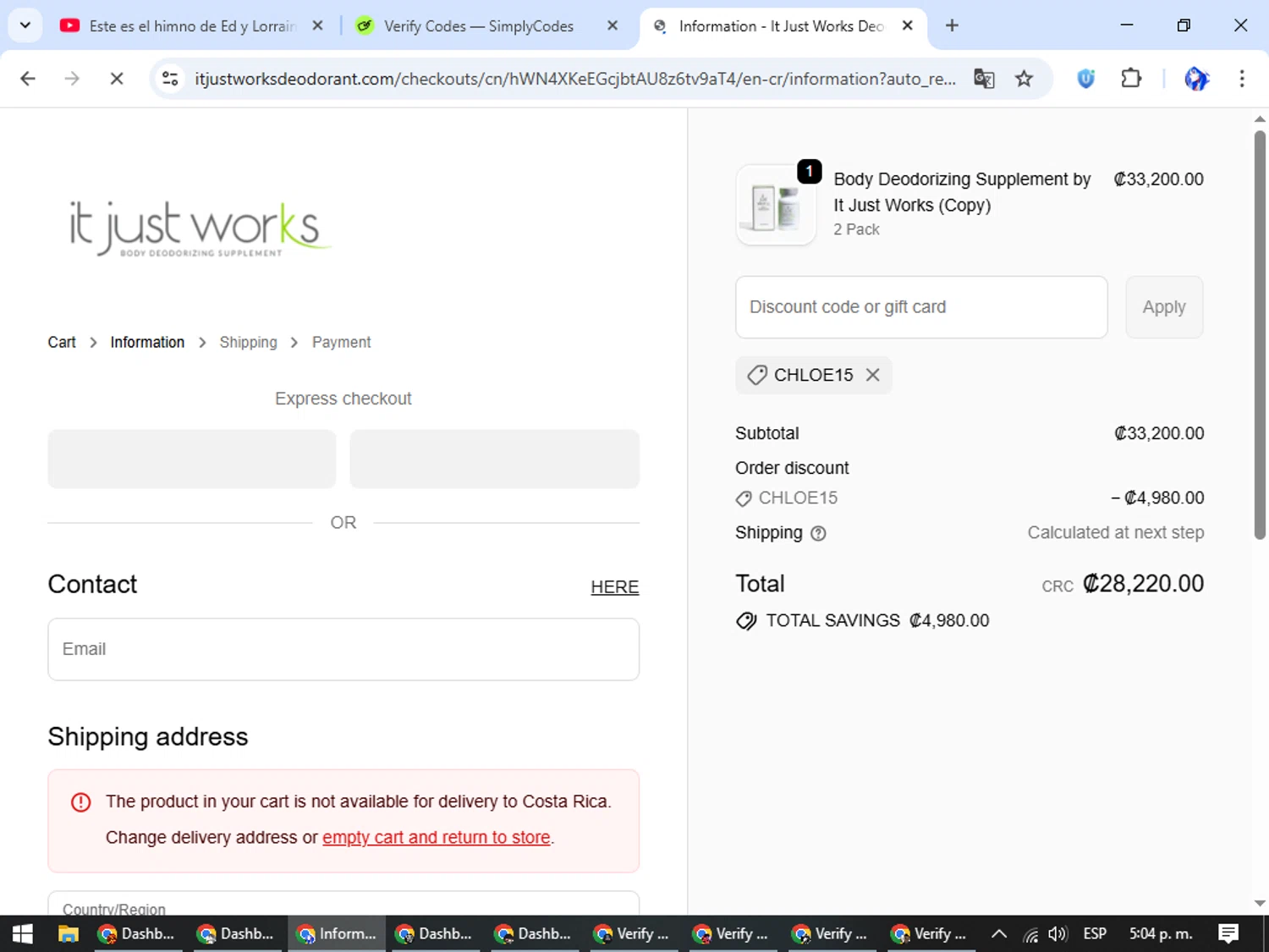 It Just Works Deodorant discount code screenshot showing code CHLOE15 applied at It Just Works Deodorant checkout page. Uploaded by SimplyCodes community member WiseHunter8213 on Oct 25, 2025
