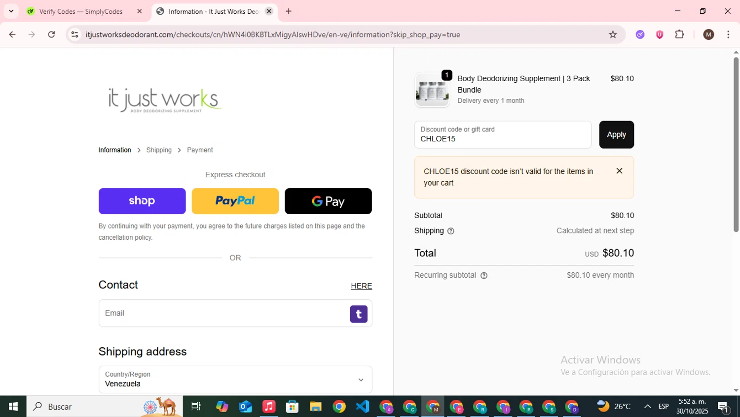 It Just Works Deodorant discount code screenshot showing code CHLOE15 applied at It Just Works Deodorant checkout page. Uploaded by SimplyCodes community member WonderWizard9060 on Oct 30, 2025