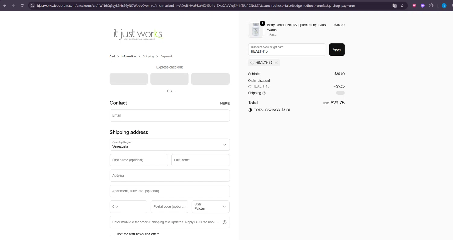 It Just Works Deodorant discount code screenshot showing code HEALTH15 applied at It Just Works Deodorant checkout page. Uploaded by SimplyCodes community member LuckyDefender4135 on Dec 8, 2025