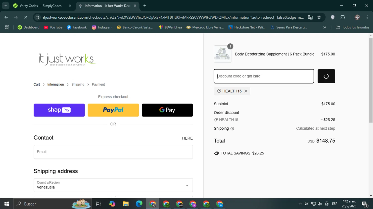 It Just Works Deodorant discount code screenshot showing code HEALTH15 applied at It Just Works Deodorant checkout page. Uploaded by SimplyCodes community member Mroctober06 on Feb 26, 2025