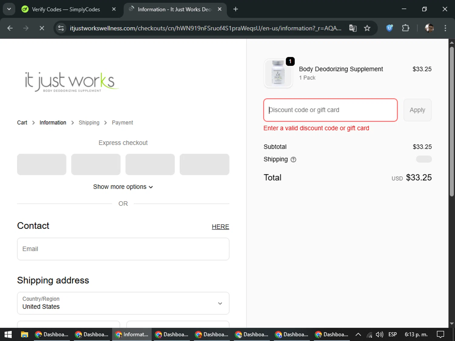 It Just Works Deodorant checkout page showing It Just Works Deodorant discount code box | Screenshot taken by SimplyCodes community member on Feb 20, 2026