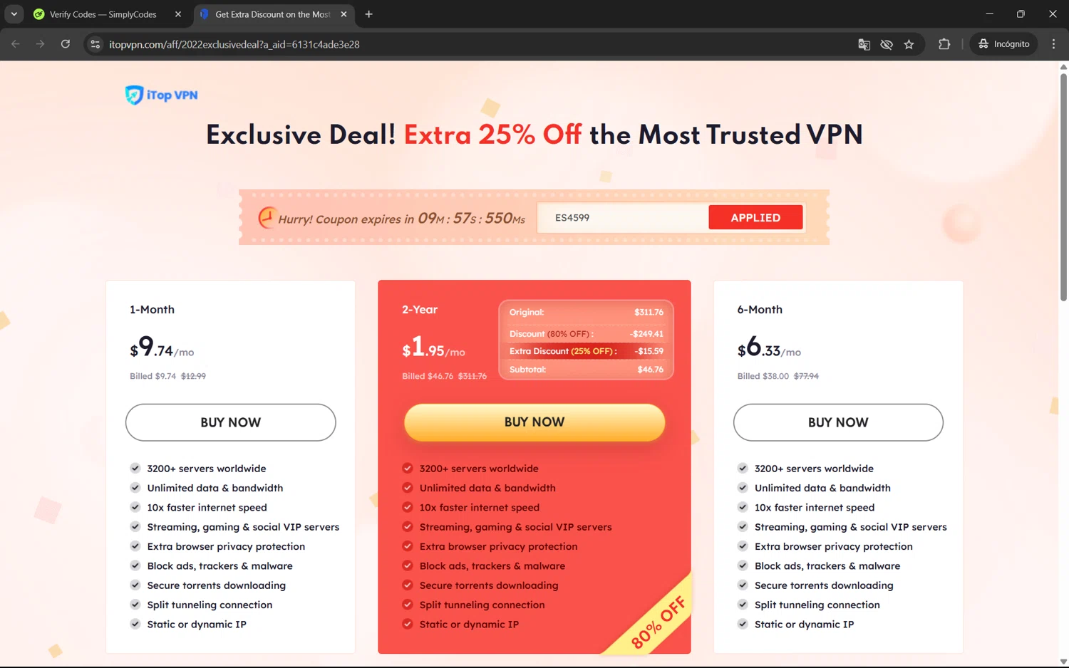 iTop VPN discount code screenshot showing code ES4599 applied at iTop VPN checkout page. Uploaded by SimplyCodes community member juan1702 on May 31, 2025