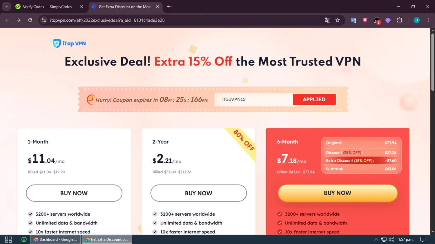 iTop VPN discount code screenshot showing code iTopVPN15 applied at iTop VPN checkout page. Uploaded by SimplyCodes community member PromoMonarch5278 on Jun 17, 2025