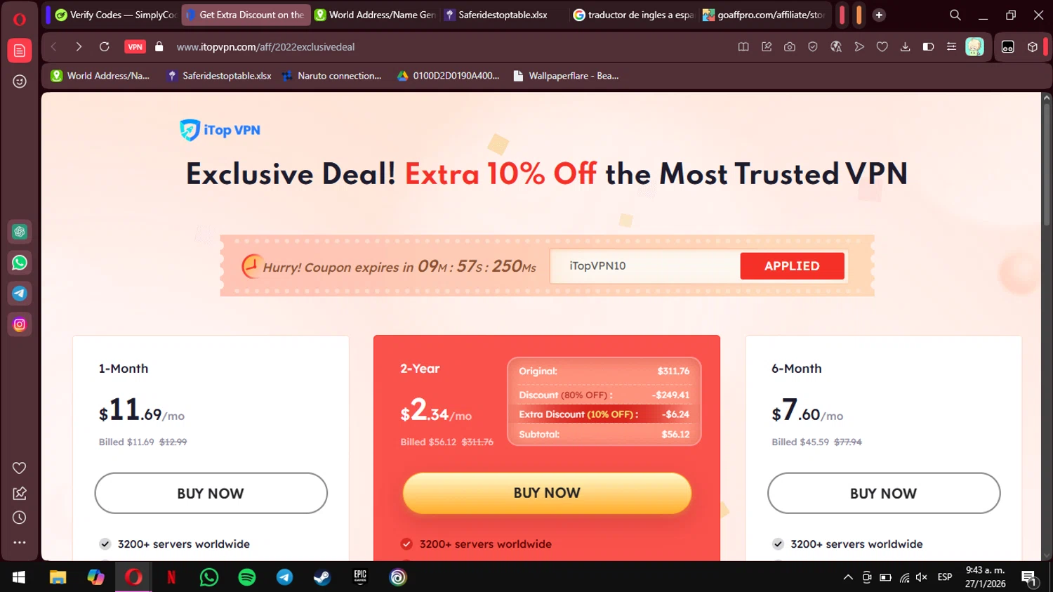 iTop VPN checkout page showing iTop VPN discount code box | Screenshot taken by SimplyCodes community member on Jan 27, 2026