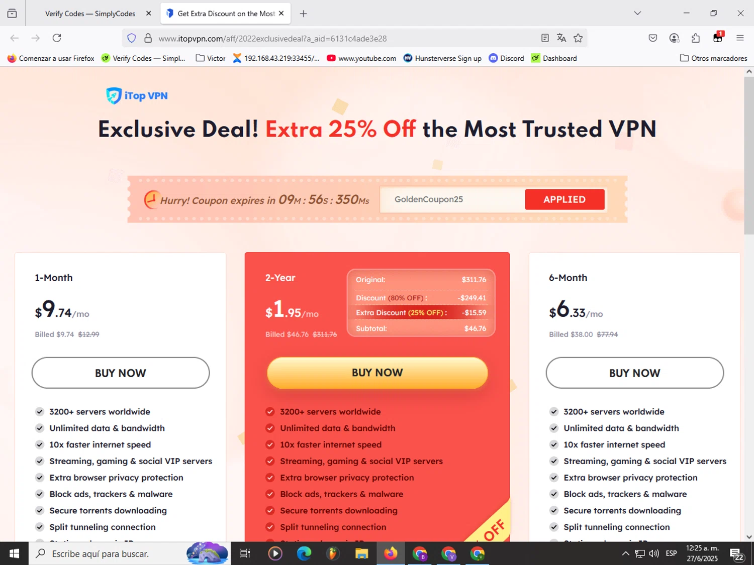 iTop VPN discount code screenshot showing code GoldenCoupon25 applied at iTop VPN checkout page. Uploaded by SimplyCodes community member Garou_Y2K on Jun 27, 2025