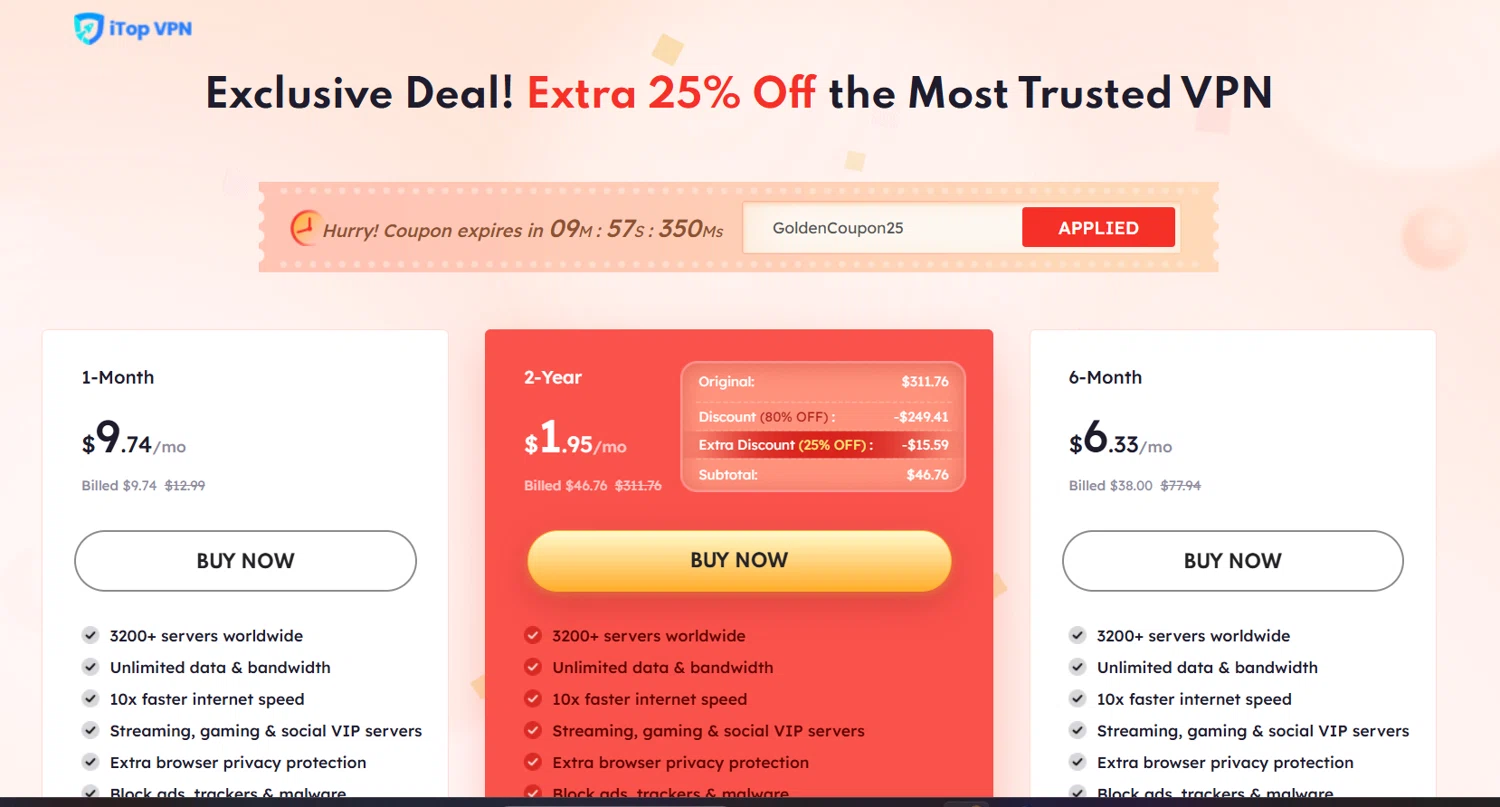 iTop VPN discount code screenshot showing code GoldenCoupon25 applied at iTop VPN checkout page. Uploaded by SimplyCodes community member Gray_75 on Oct 21, 2025