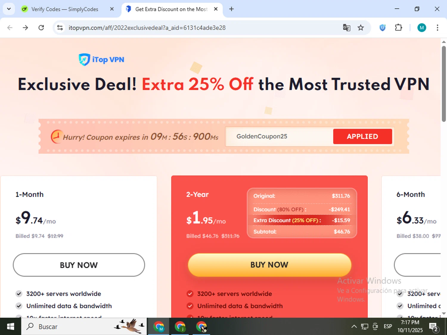 iTop VPN discount code screenshot showing code GoldenCoupon25 applied at iTop VPN checkout page. Uploaded by SimplyCodes community member estrellaveloz on Oct 11, 2025