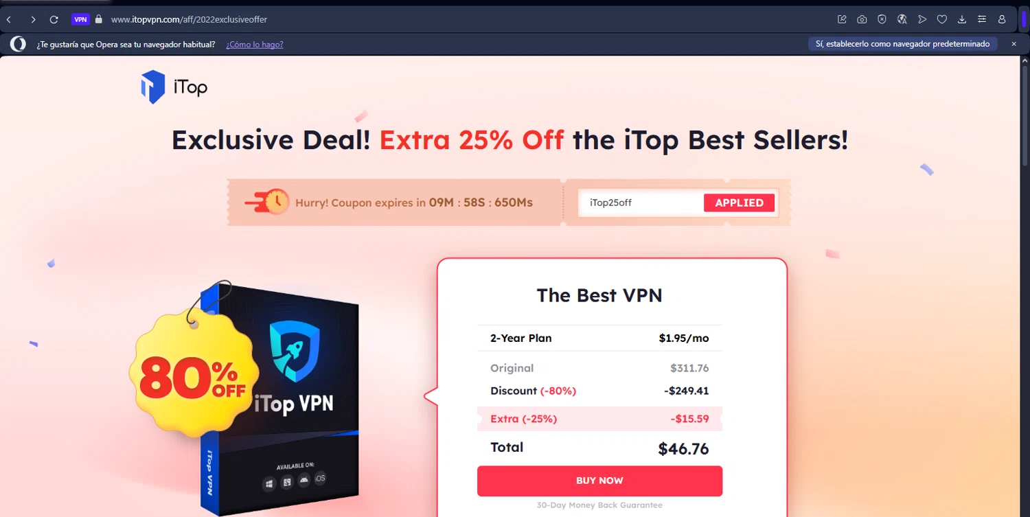 iTop VPN discount code screenshot showing code iTop25off applied at iTop VPN checkout page. Uploaded by SimplyCodes community member EpicKnight6740 on Nov 18, 2025