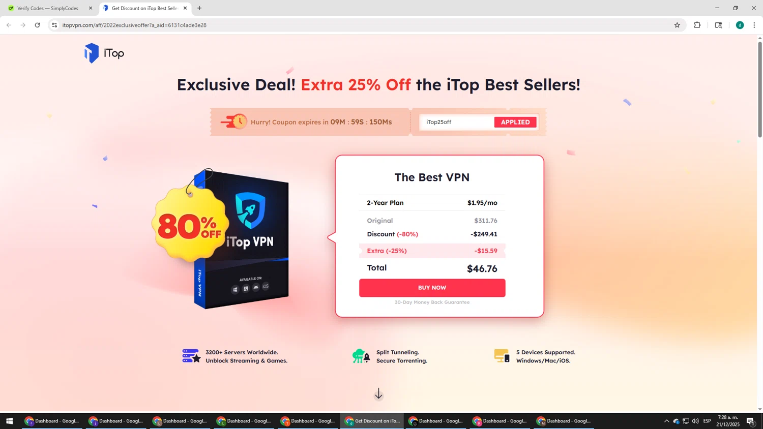 iTop VPN discount code screenshot showing code iTop25off applied at iTop VPN checkout page. Uploaded by SimplyCodes community member HEROESCUDA on Dec 21, 2025