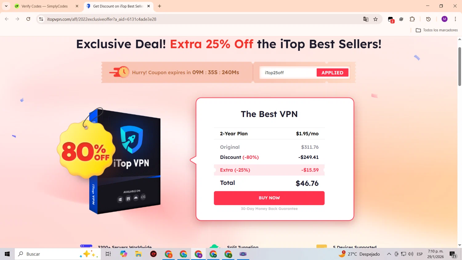 iTop VPN checkout page showing iTop VPN discount code box | Screenshot taken by SimplyCodes community member on Jan 29, 2026