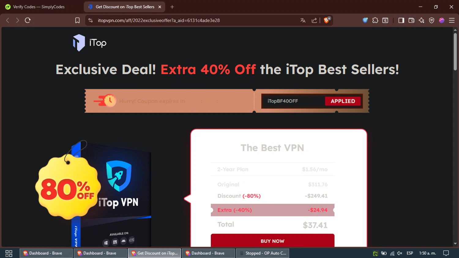 iTop VPN discount code screenshot showing code iTopBF40OFF applied at iTop VPN checkout page. Uploaded by SimplyCodes community member Alfred on Dec 17, 2025