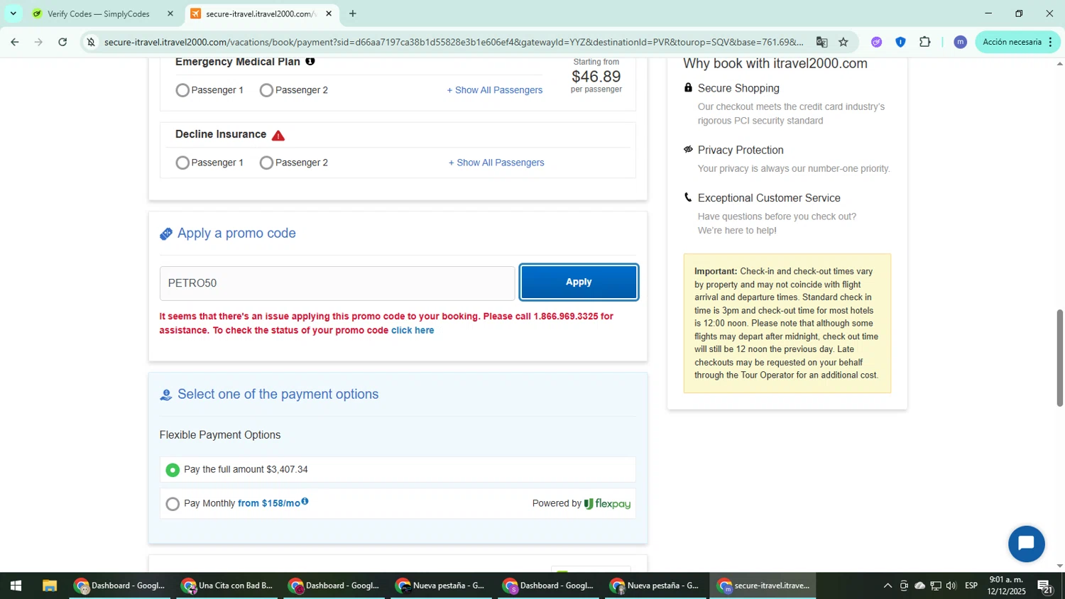 itravel2000 promo code screenshot showing code PETRO50 applied at itravel2000 checkout page. Uploaded by SimplyCodes community member QuestDefender2661 on Dec 12, 2025