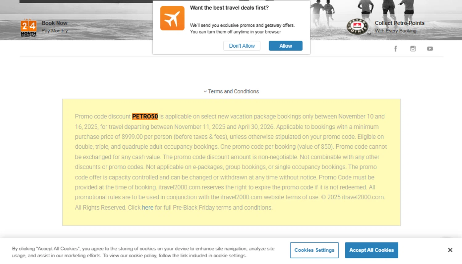 itravel2000 promo code screenshot showing code PETRO50 applied at itravel2000 checkout page. Uploaded by SimplyCodes community member gabrielponce on Nov 13, 2025