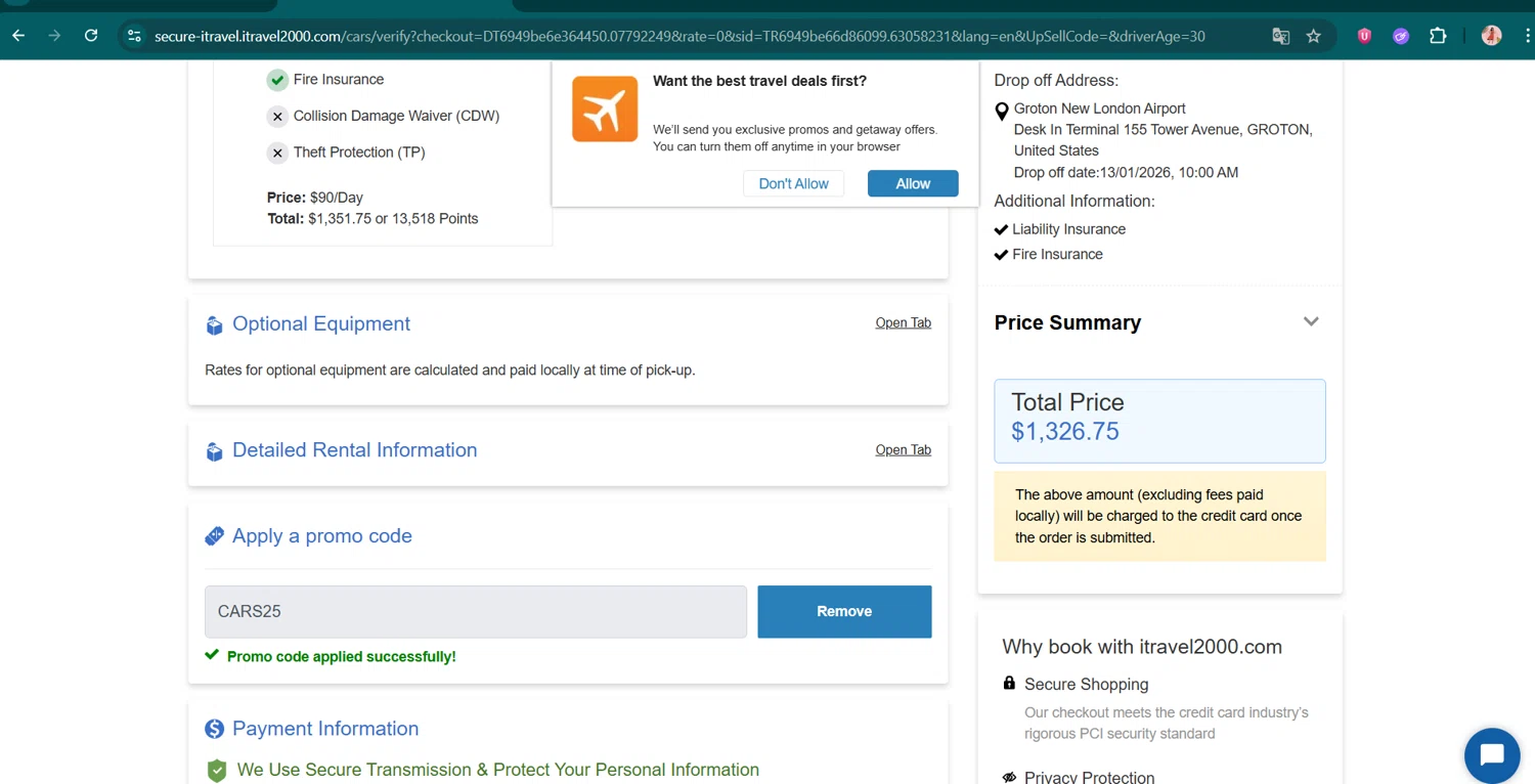 itravel2000 promo code screenshot showing code CARS25 applied at itravel2000 checkout page. Uploaded by SimplyCodes community member jenifer on Dec 22, 2025
