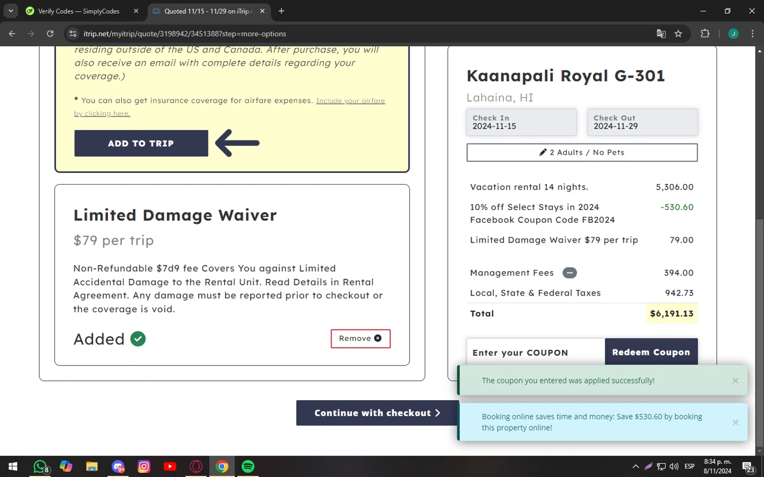 iTrip Vacations checkout page showing iTrip Vacations coupon code box | Screenshot taken by SimplyCodes community member on Nov 9, 2024